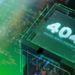 404 error on digital circuit board with glowing effects.