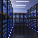 Futuristic data center with blue LED lighting.