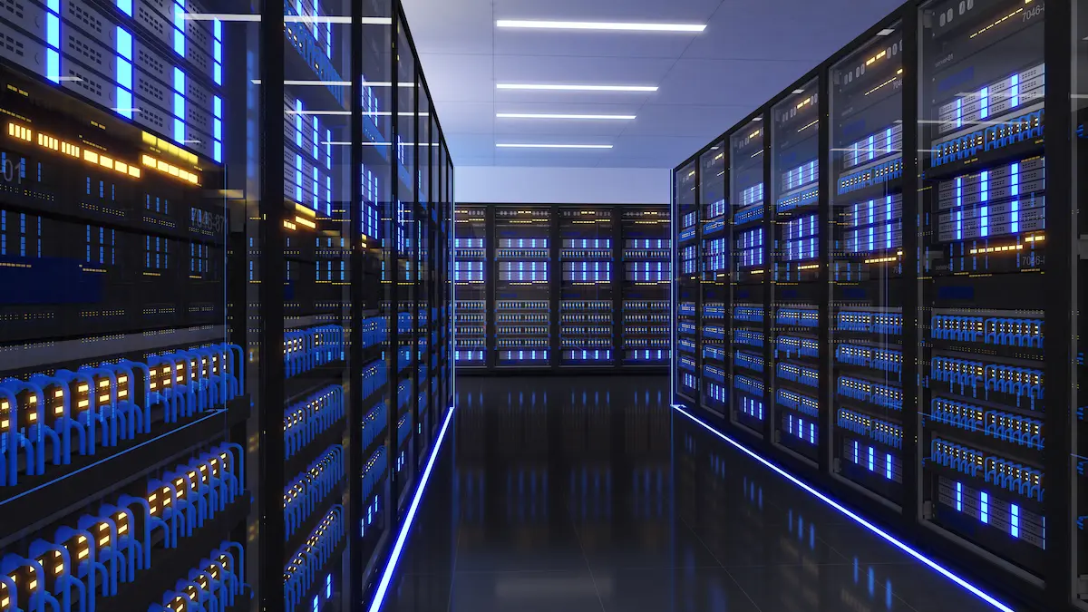 Modern data centre with illuminated server racks