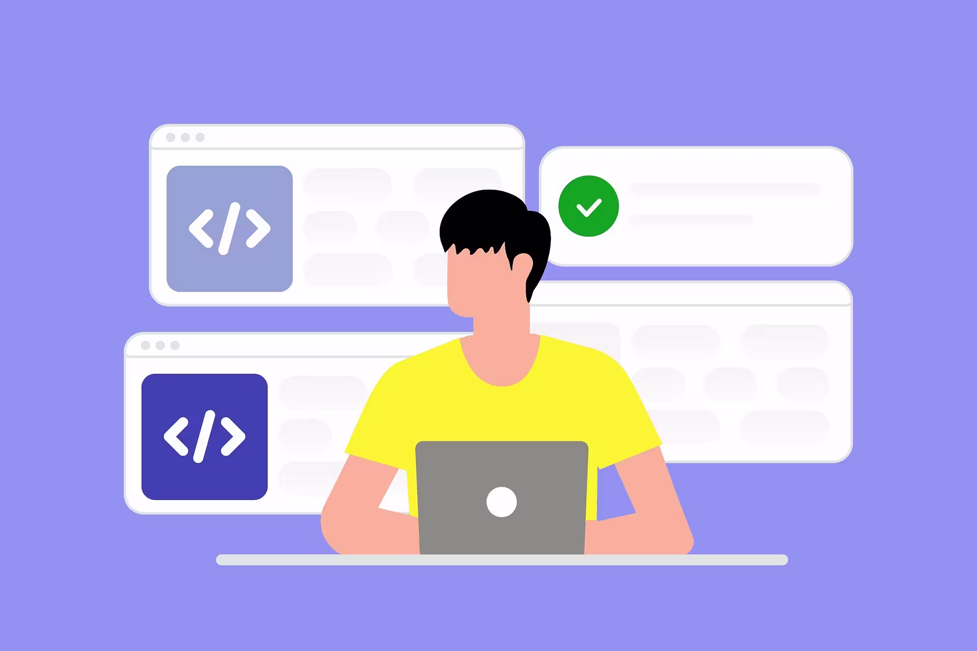 Image of man on a laptop, with code and performance ticks in the background.