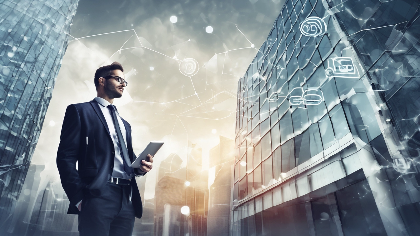 Business professional using tablet in modern cityscape