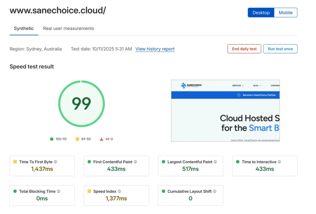 Screenshot of desktop website performance metrics.