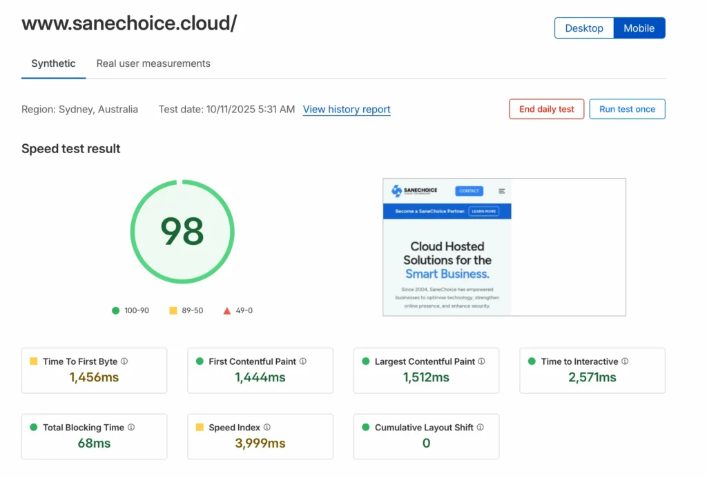 Screenshot of mobile website performance metrics.