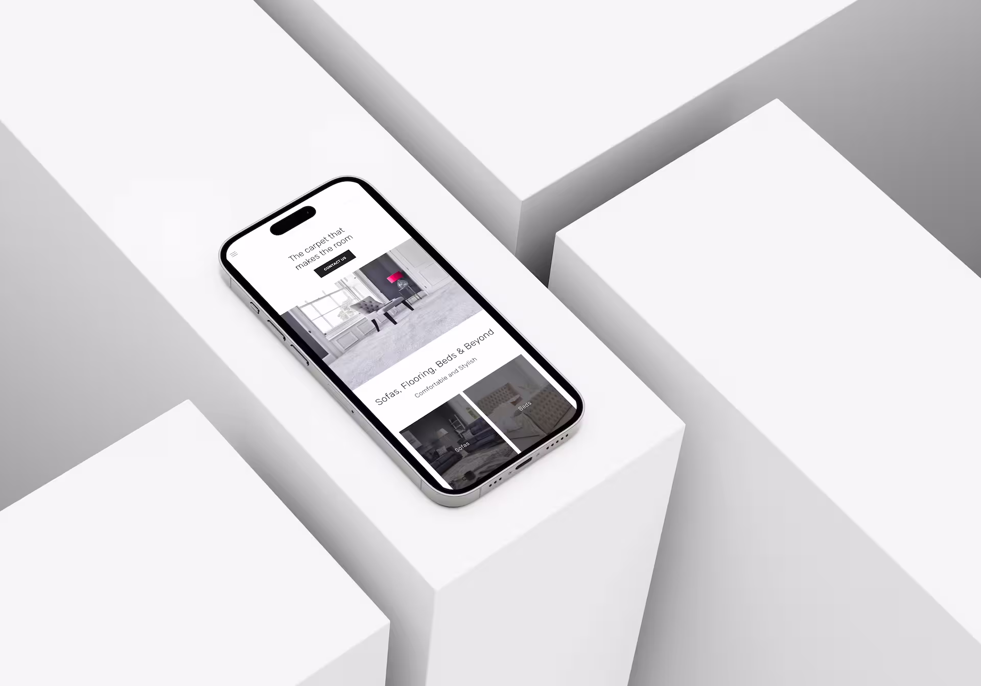 A mobile showing a website on a geometric white background.